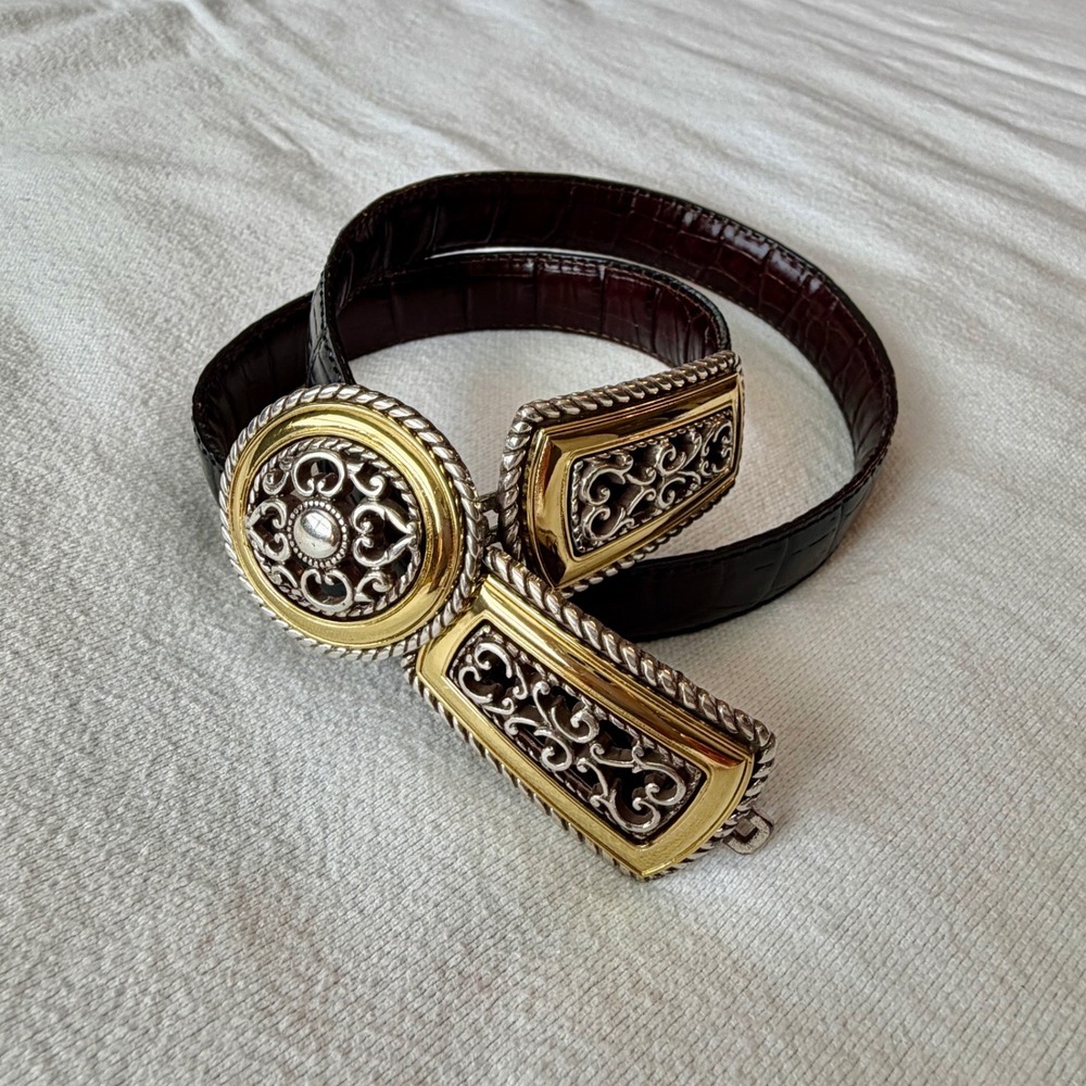 VTG Brighton Croc Embossed Leather Belt Reversible Metal Filigree Black/Brown 32